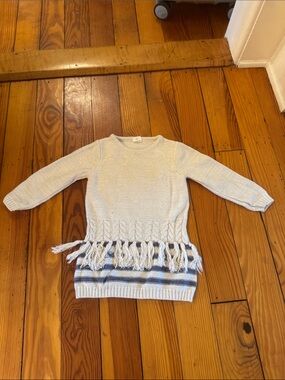 Girls Cream Fringe Hem Sweater with Navy Stripe Detail